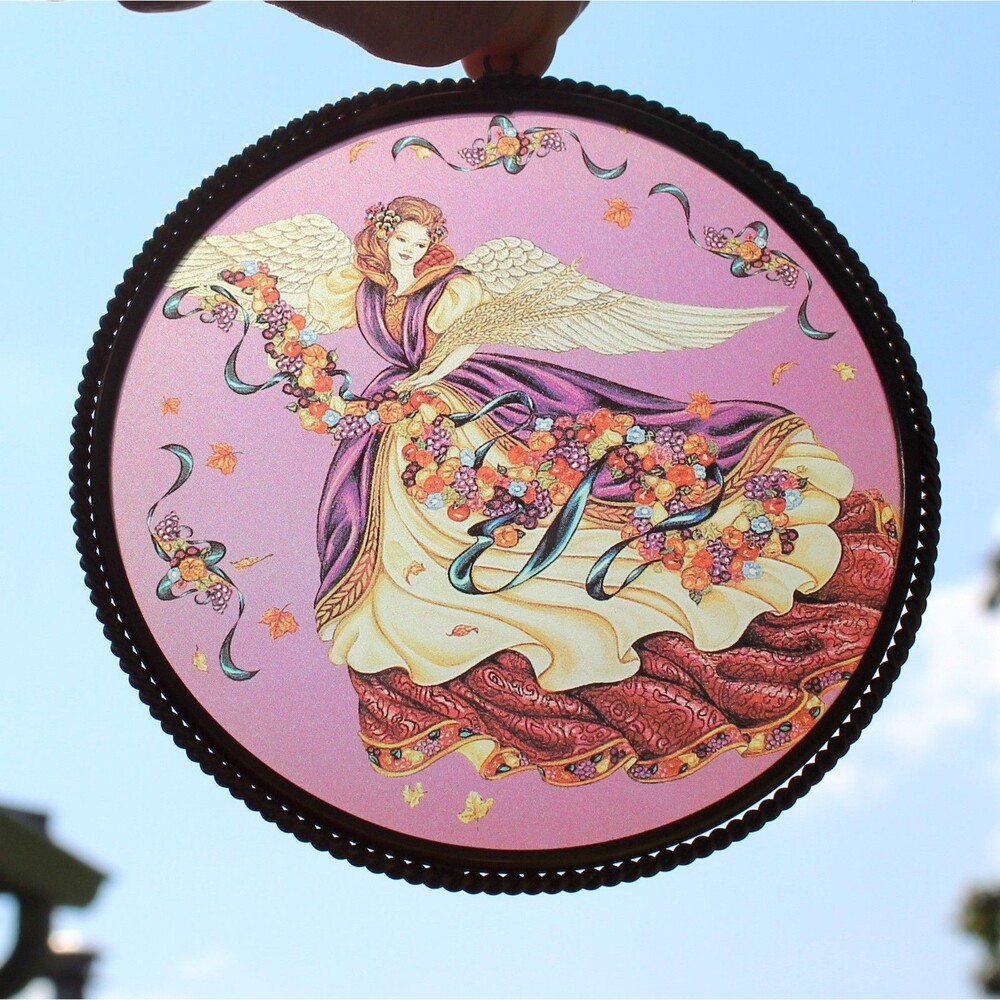 Angel Suncatcher purple round 5" glass pewter window decor